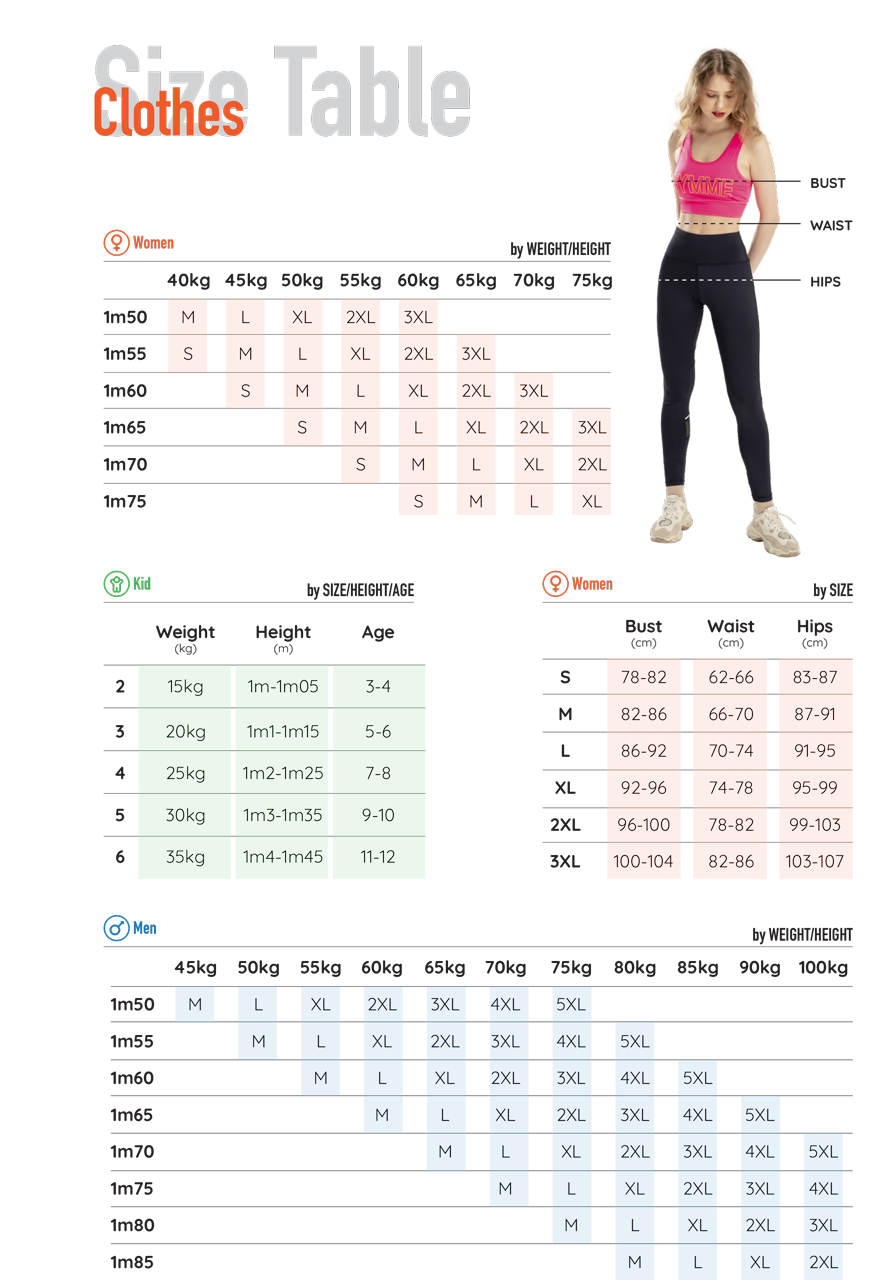 Bảng size đồ tập Gym Gymme